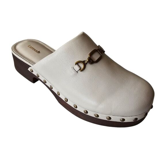 Larroude Zuzi Bit Mule Wooden Platform Clog Size 11 Ivory White Gold Detail - Picture 1 of 8
